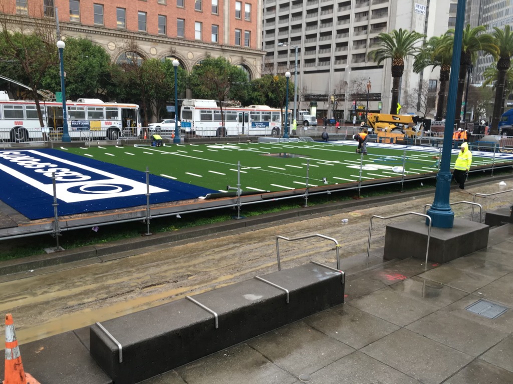 20% scale synthetic turf football field, installed for the 2016 Super Bowl held at Levi's Stadium in Santa Clara. Location of installation Downtown San Francisco for event Fan Zone.